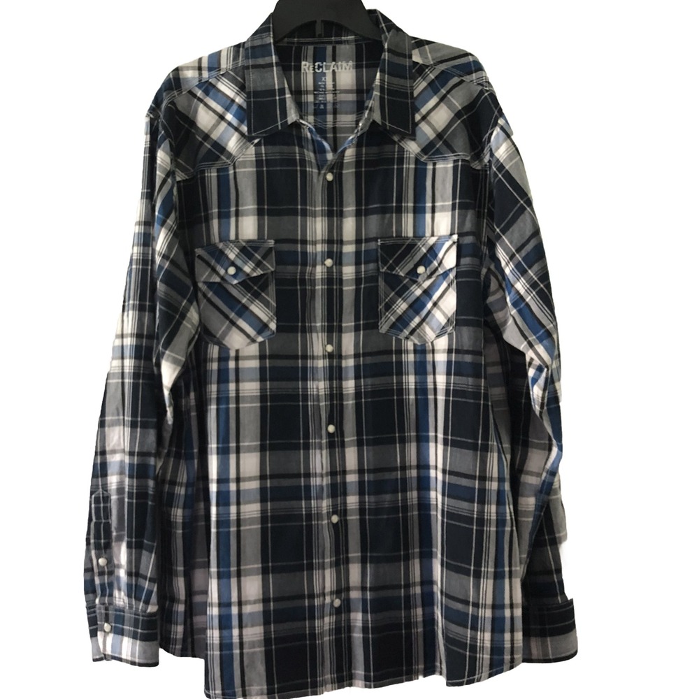 Reclaim Mens Western Blue Plaid Pearl Snap Down Long Sleeve Shirt XXL